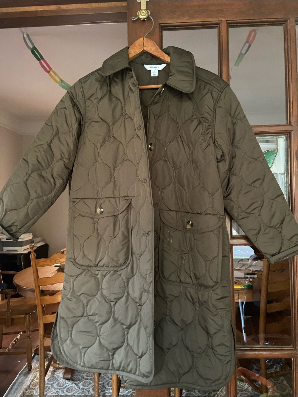Old Navy Olive Green Quilted Long Puffer Jacket